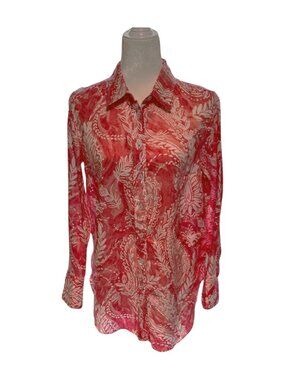 Talbots 100% Linen Boyfriend Button Down Brushed Coral Pink Paisley Size Small